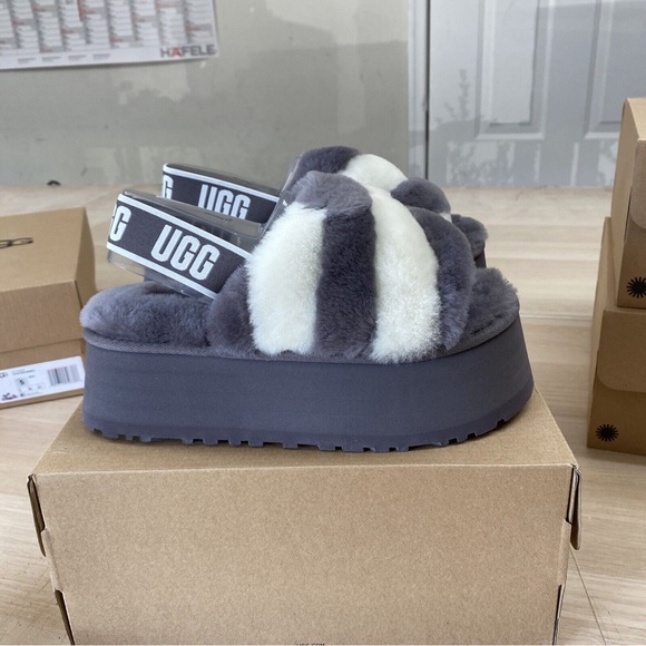 Grey Disco Stripe UGG Slides - Picture 1 of 5